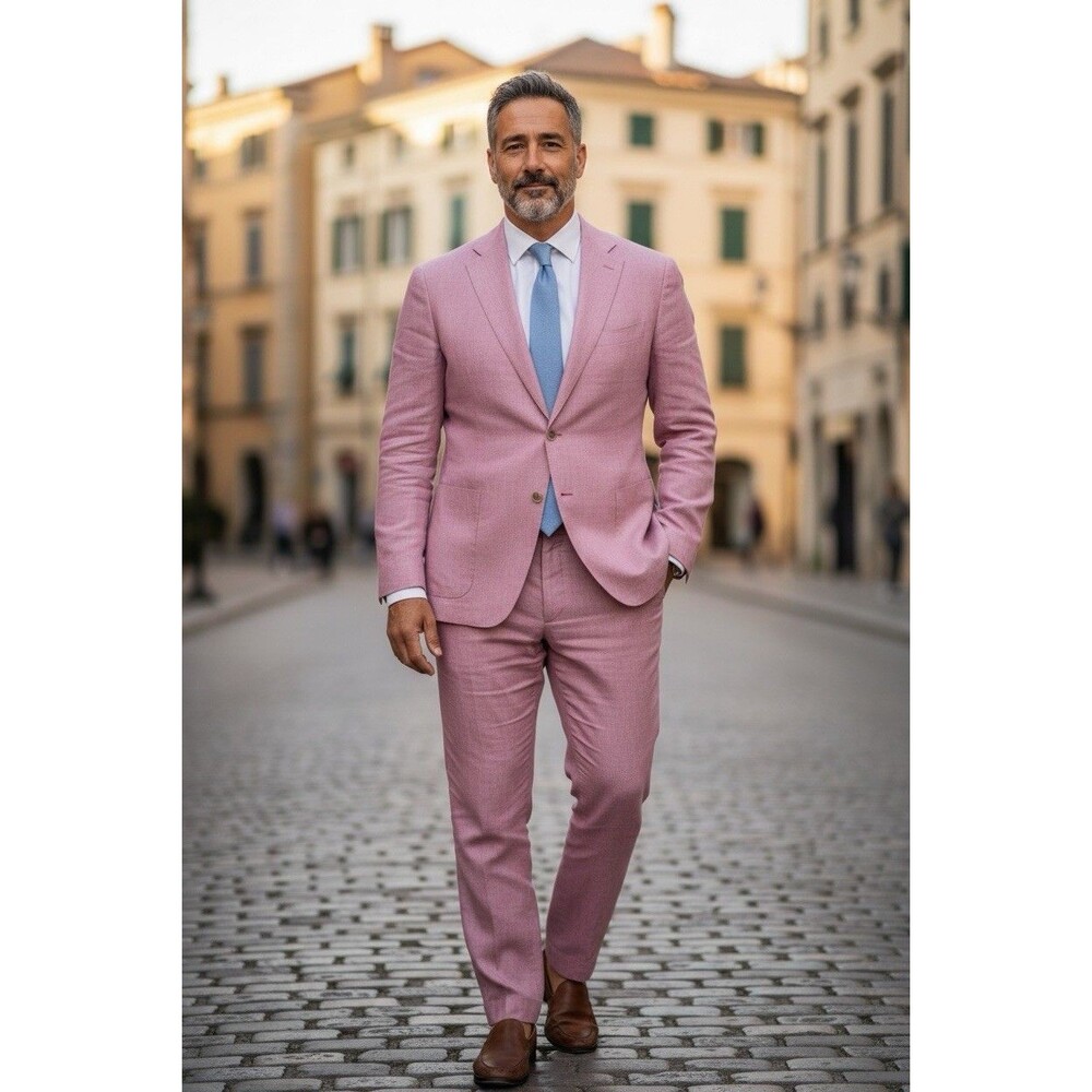 Joseph Abboud Men’s 2 Piece Pink 100% Linen Suit 48R 42x30 Summer Wedding Casual